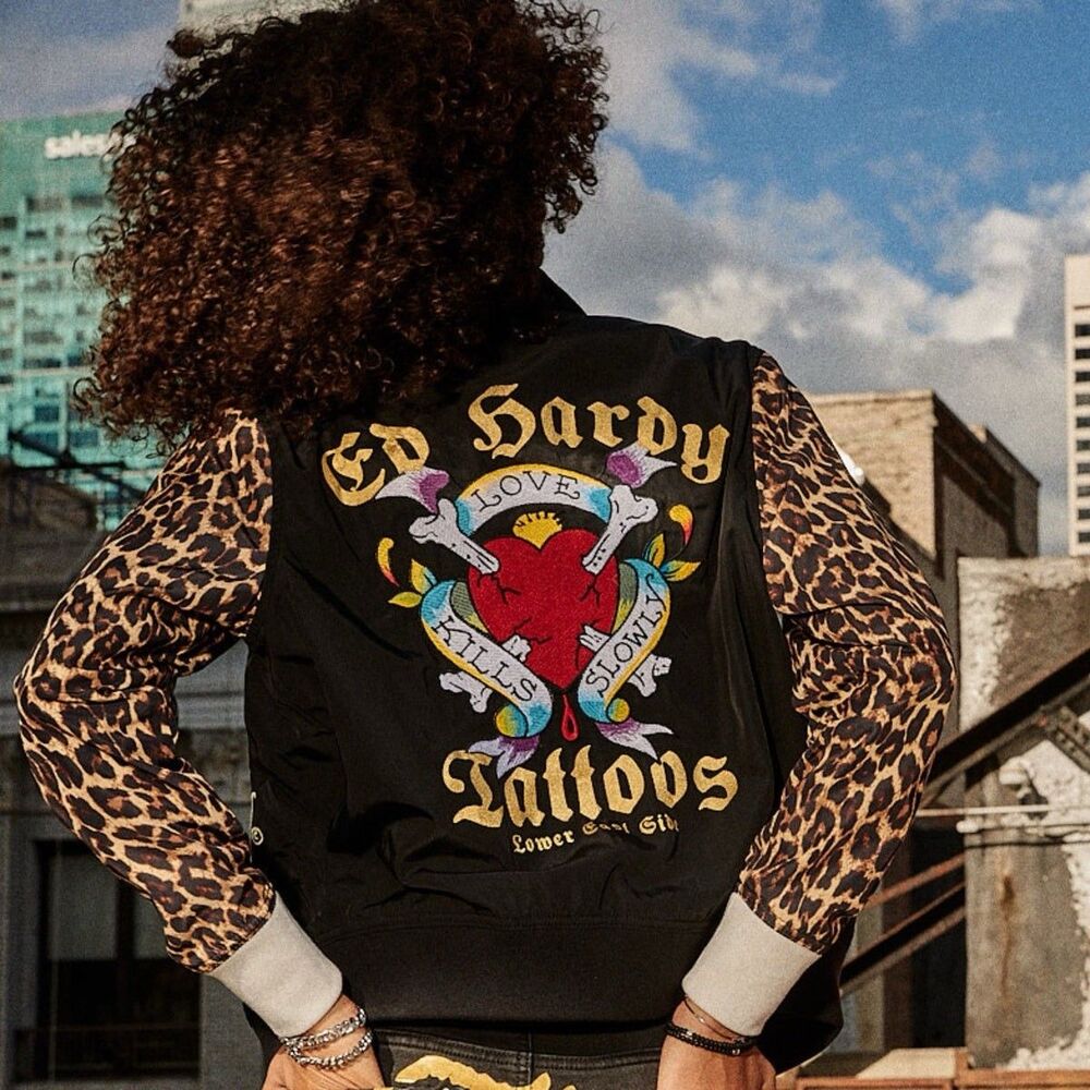 NWT Ed Hardy Y2K Bomber Jacket Tiger Dagger Souvenir Leopard Sleeves Size S New - Picture 16 of 16